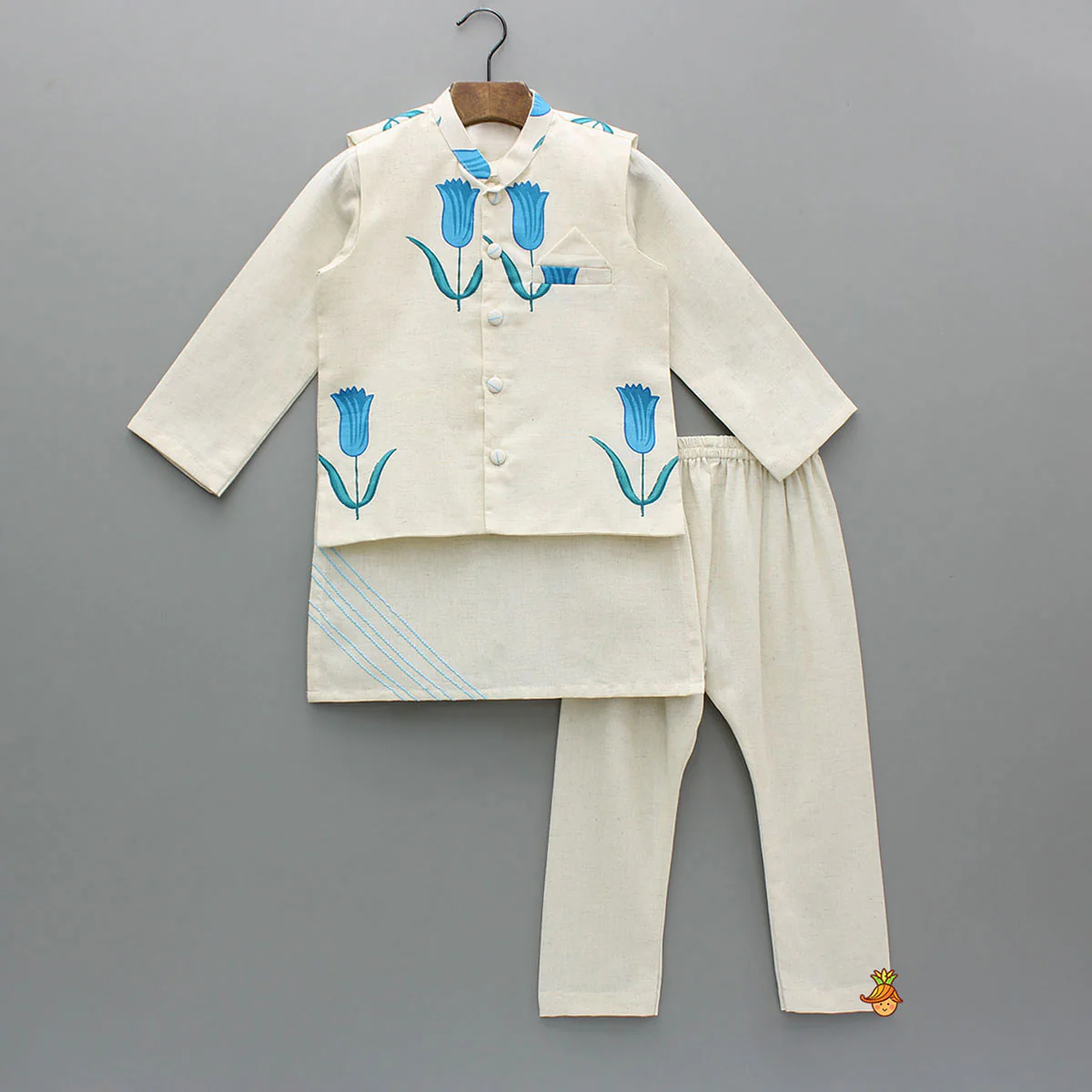 Off White Khadi Cotton Kurta With Blue Tulip Printed Jacket And Pyjama