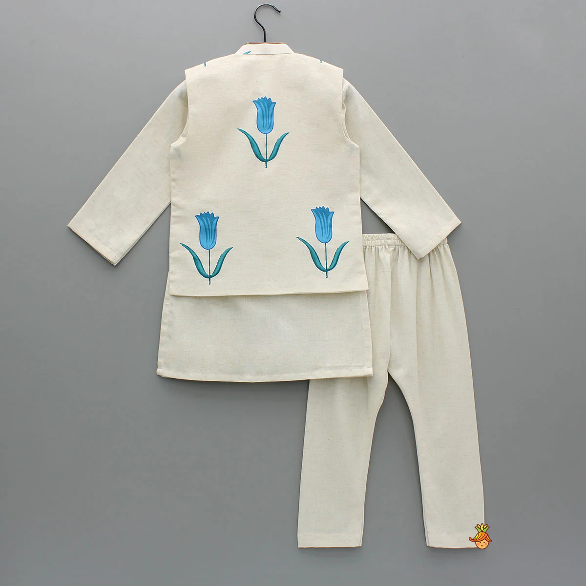 Off White Khadi Cotton Kurta With Blue Tulip Printed Jacket And Pyjama - Image 2