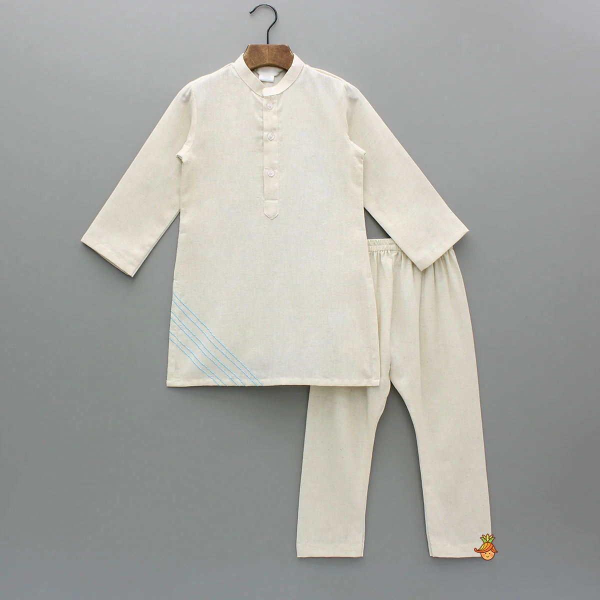Off White Khadi Cotton Kurta With Blue Tulip Printed Jacket And Pyjama - Image 3