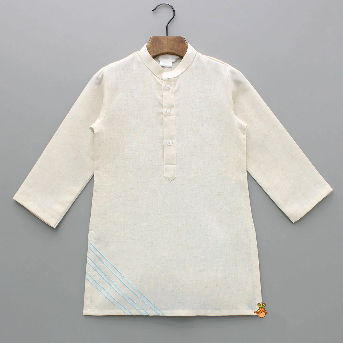Off White Khadi Cotton Kurta With Blue Tulip Printed Jacket And Pyjama - Image 4