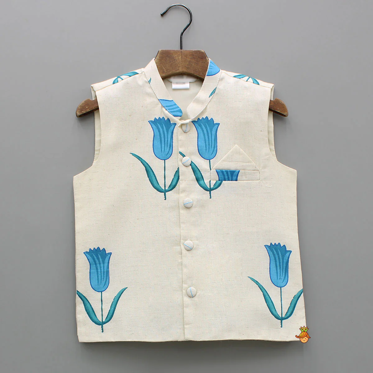 Off White Khadi Cotton Kurta With Blue Tulip Printed Jacket And Pyjama - Image 6