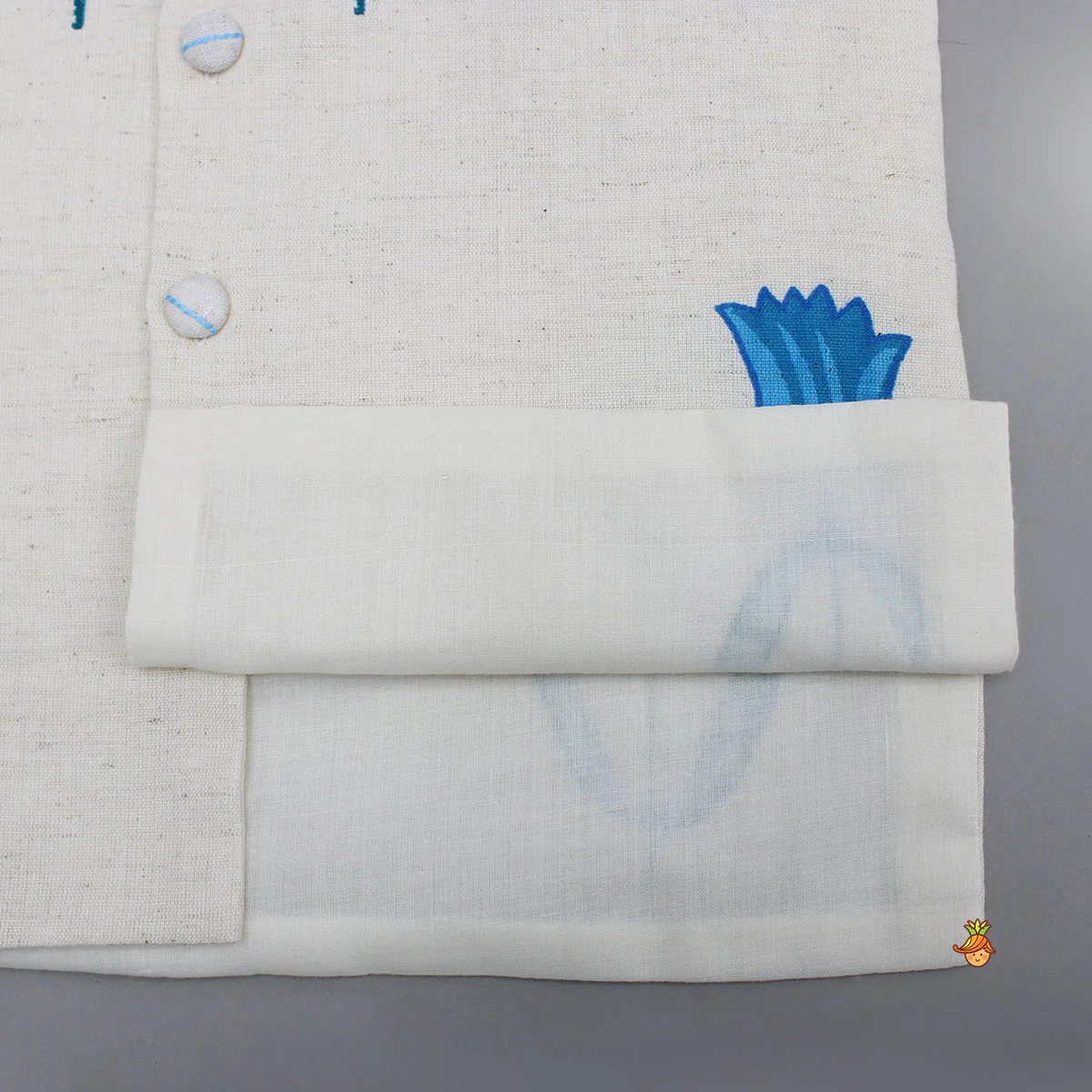 Off White Khadi Cotton Kurta With Blue Tulip Printed Jacket And Pyjama - Image 8