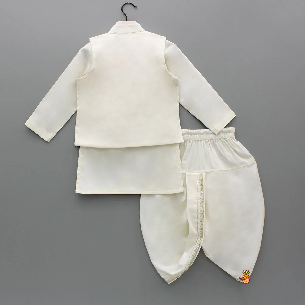 Off White Kurta With Front Open Sequin Laced Jacket And Dhoti - Image 2