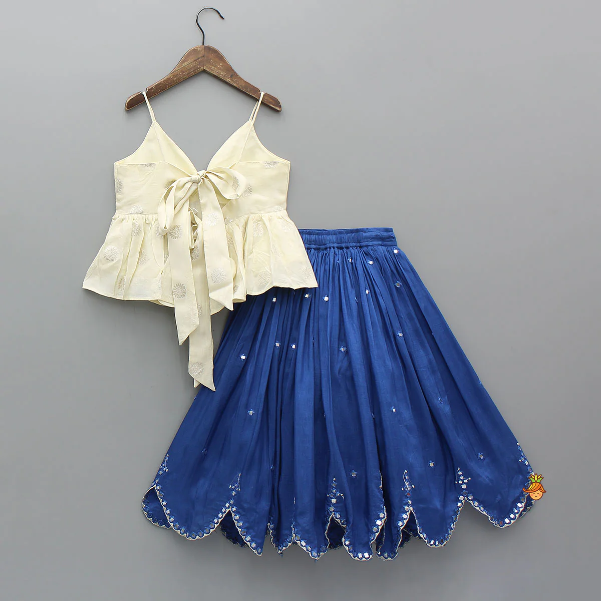 Off White Tie Up Strap Top And Faux Mirror Work Lehenga - Image 2