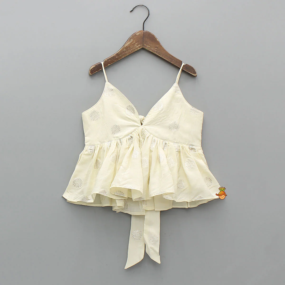 Off White Tie Up Strap Top And Faux Mirror Work Lehenga - Image 3