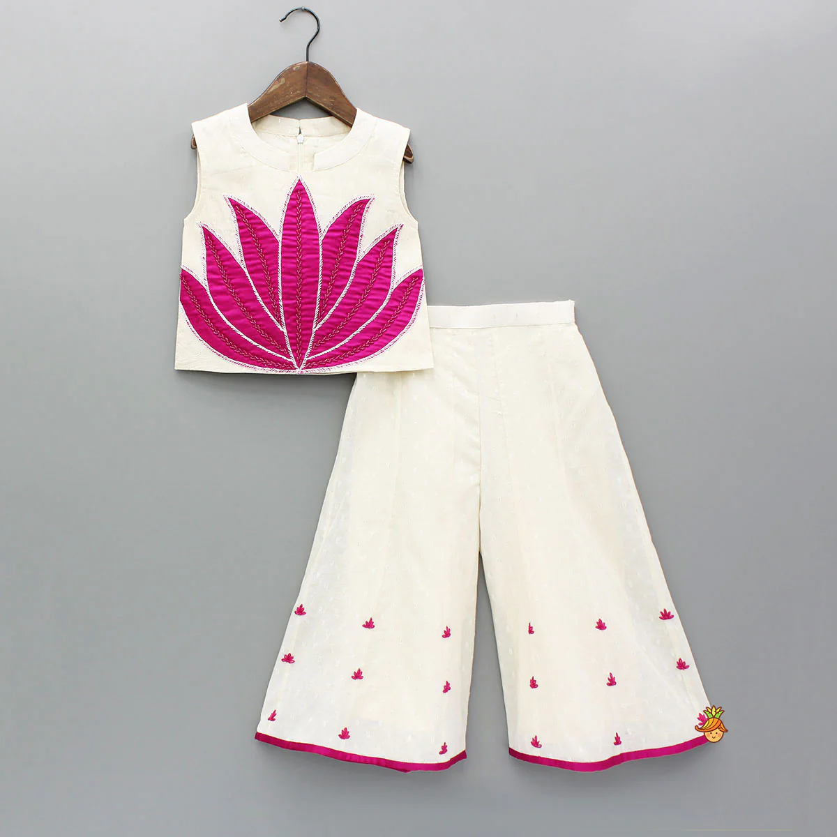 Off White Top With Pink Lotus Applique Embroidery And Palazzo