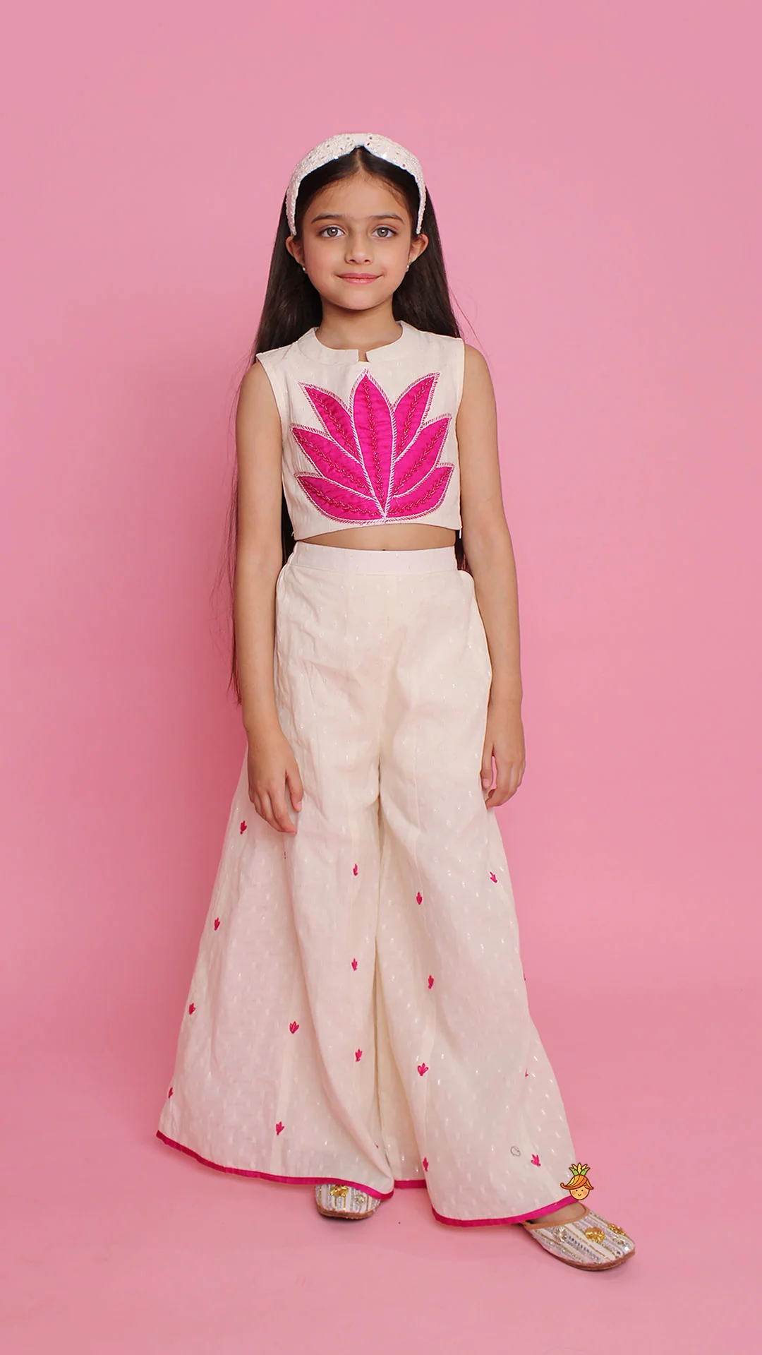 Off White Top With Pink Lotus Applique Embroidery And Palazzo - Image 2