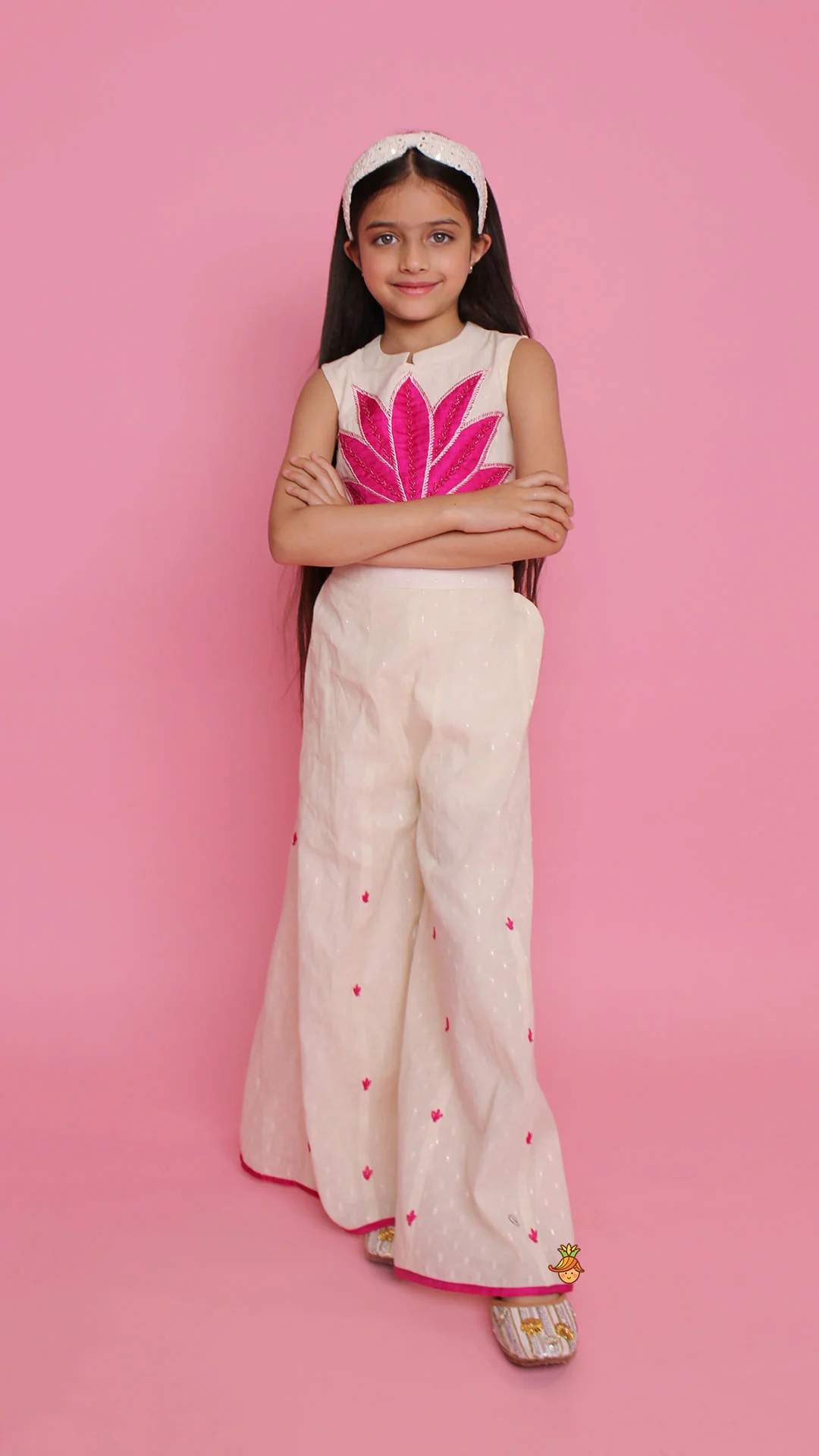 Off White Top With Pink Lotus Applique Embroidery And Palazzo - Image 3
