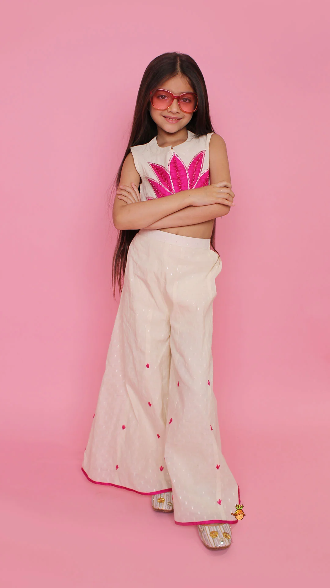 Off White Top With Pink Lotus Applique Embroidery And Palazzo - Image 4