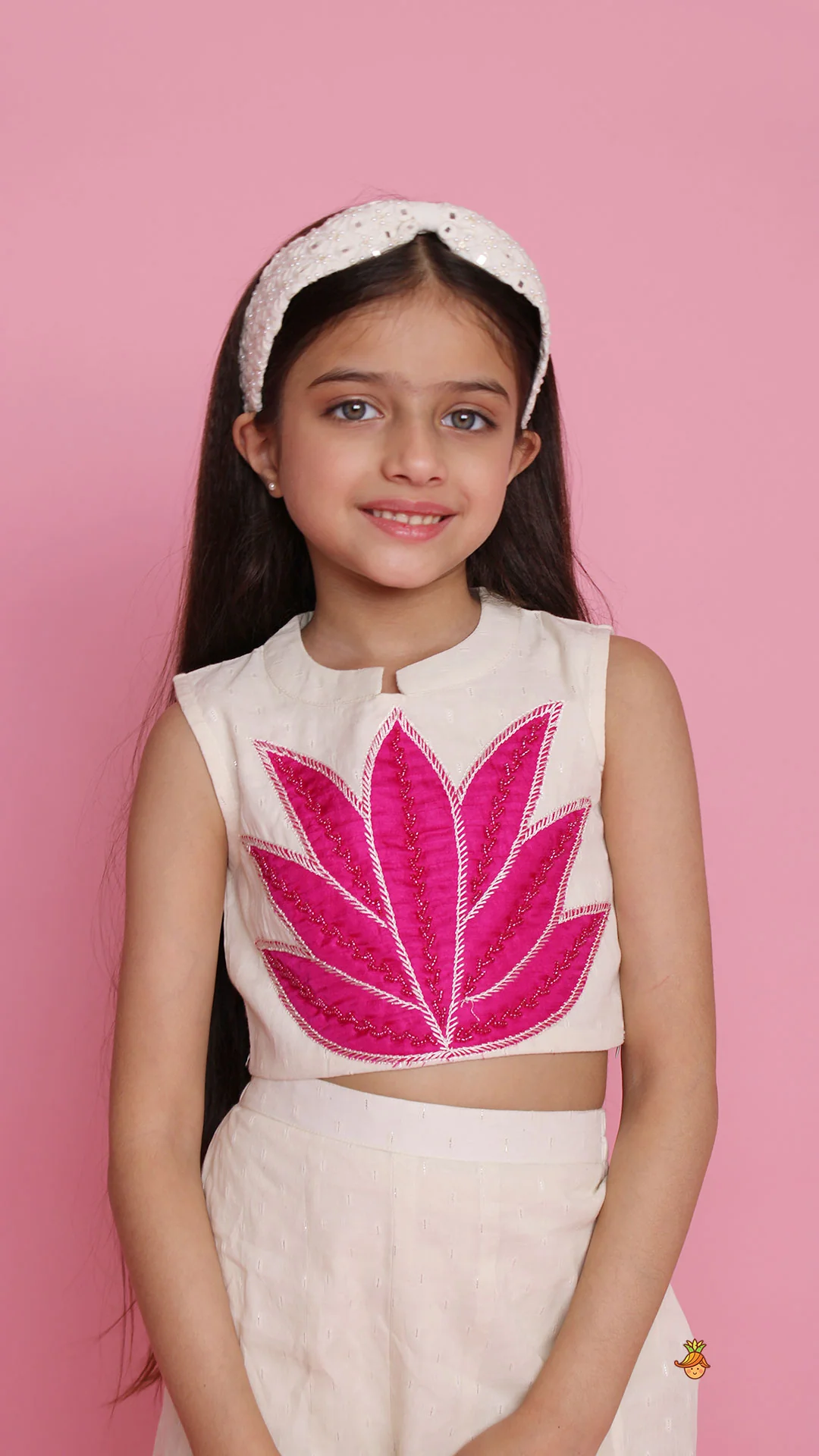 Off White Top With Pink Lotus Applique Embroidery And Palazzo - Image 5