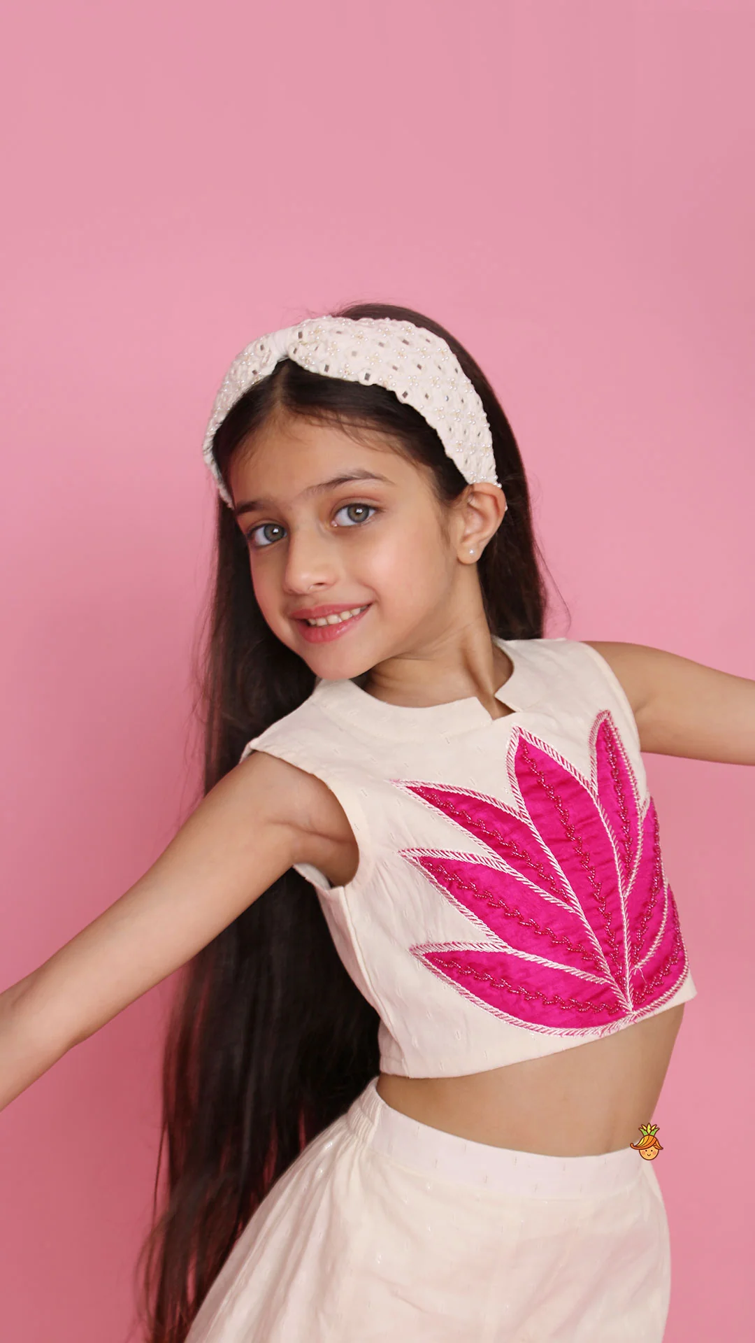 Off White Top With Pink Lotus Applique Embroidery And Palazzo - Image 7