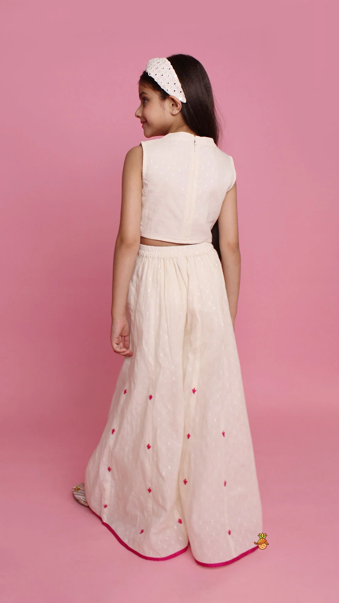 Off White Top With Pink Lotus Applique Embroidery And Palazzo - Image 8