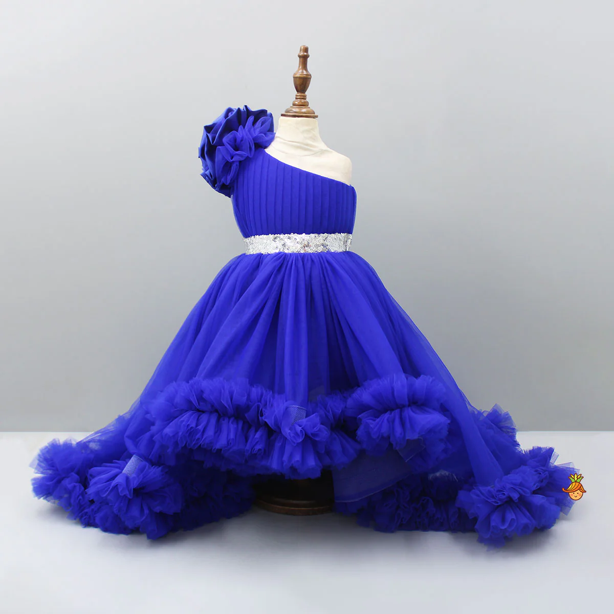One Shoulder High Low Blue Dress With Matching Head Band And Detachable Bow - Image 3