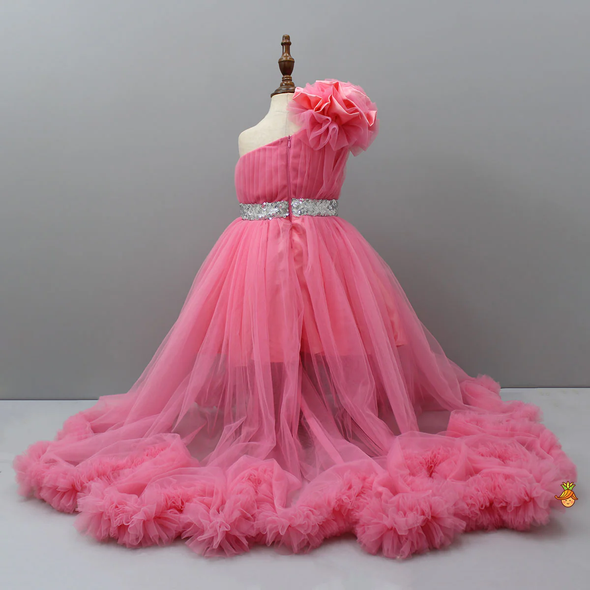 One Shoulder High Low Pink Net Dress With Matching Hairclip - Image 2