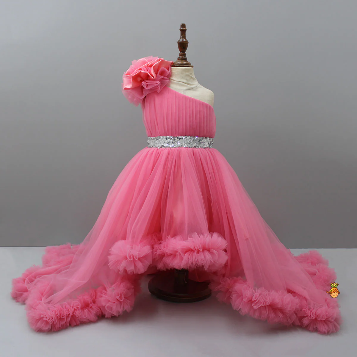 One Shoulder High Low Pink Net Dress With Matching Hairclip - Image 3