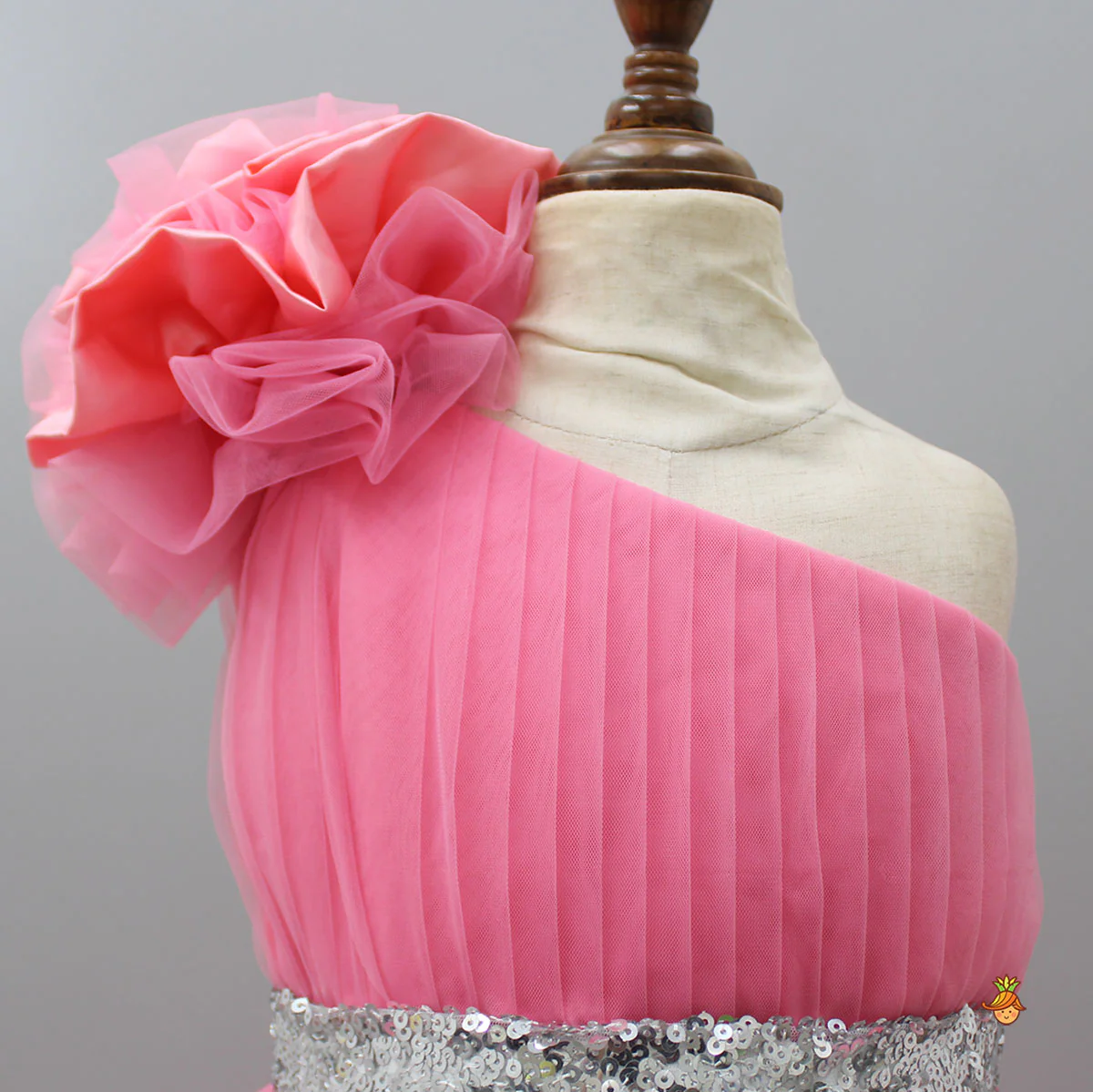 One Shoulder High Low Pink Net Dress With Matching Hairclip - Image 4