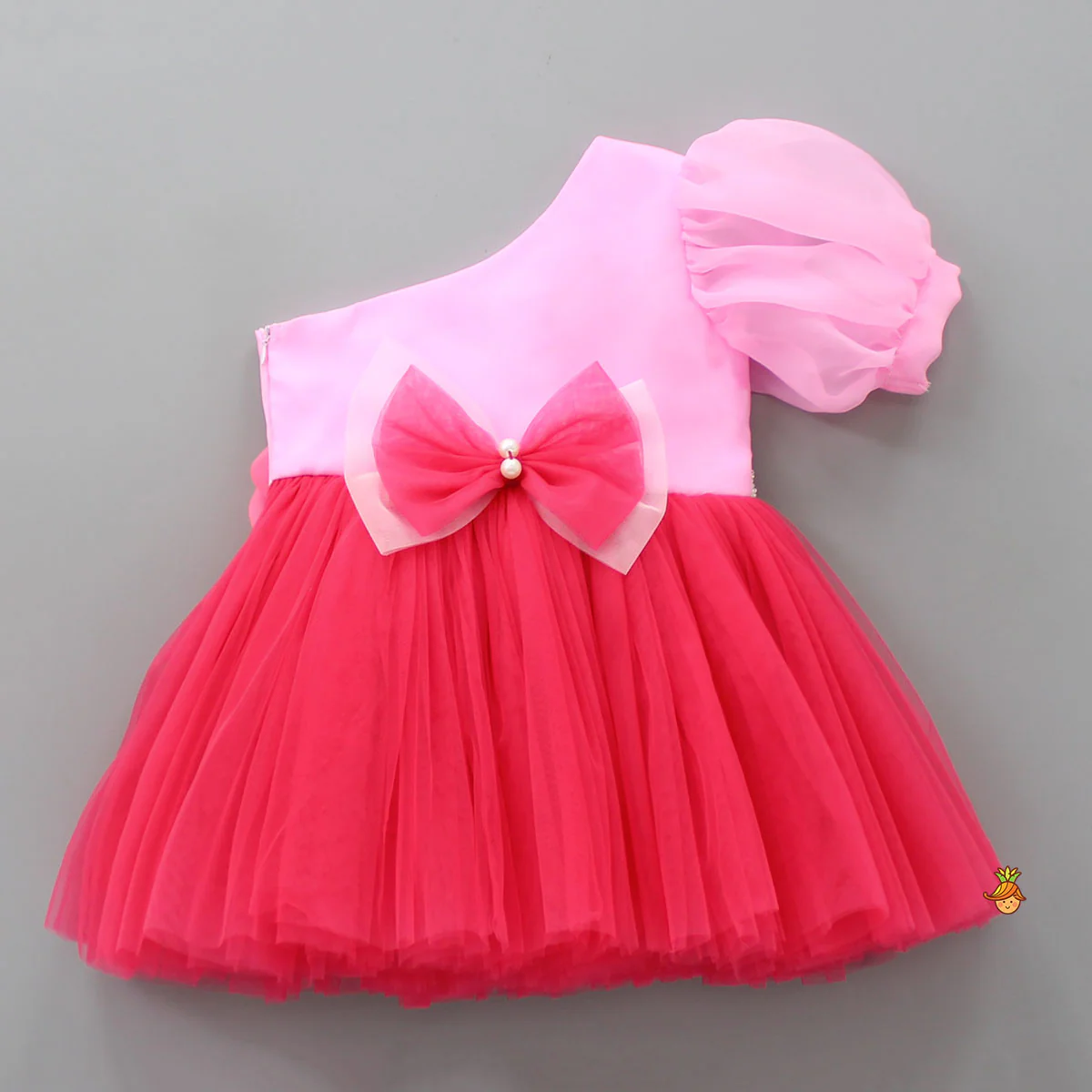 One Shoulder Swirled Flower Enhanced Flared Pink And Red Dress - Image 2