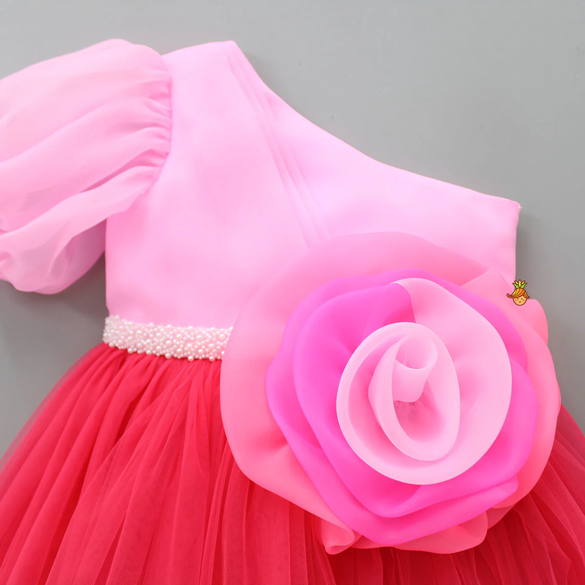 One Shoulder Swirled Flower Enhanced Flared Pink And Red Dress - Image 3