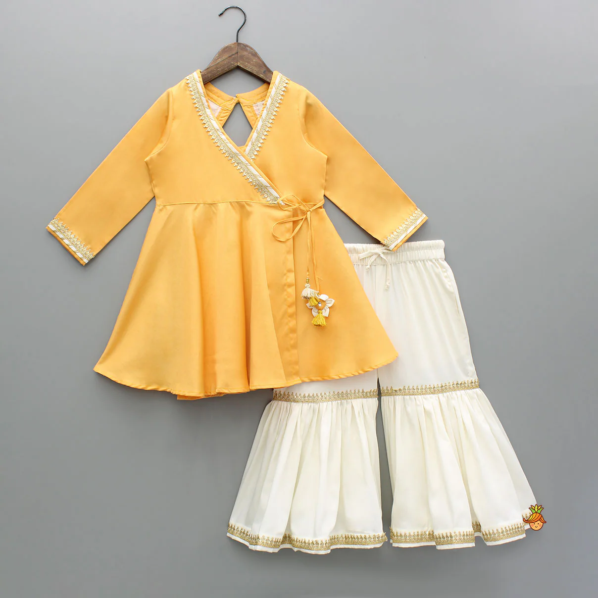 Orange Angarkha Style Lace Detailed Kurti And Sharara