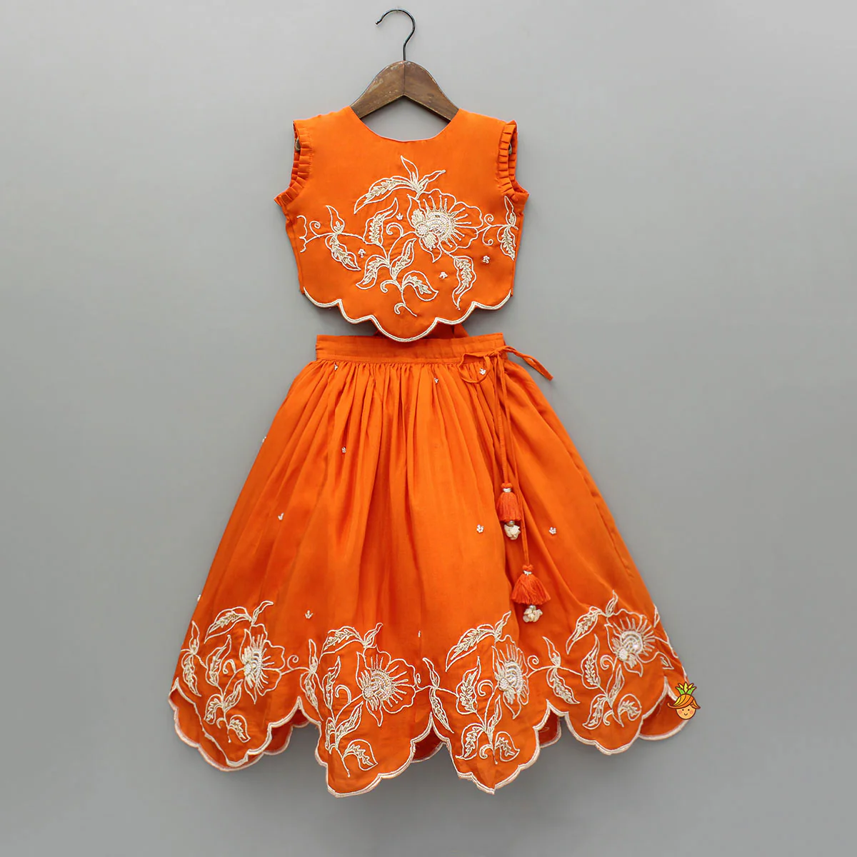 Orange Embroidered Dual Back Knot Detailed Top And Lehenga With Scalloped Hem Detailing