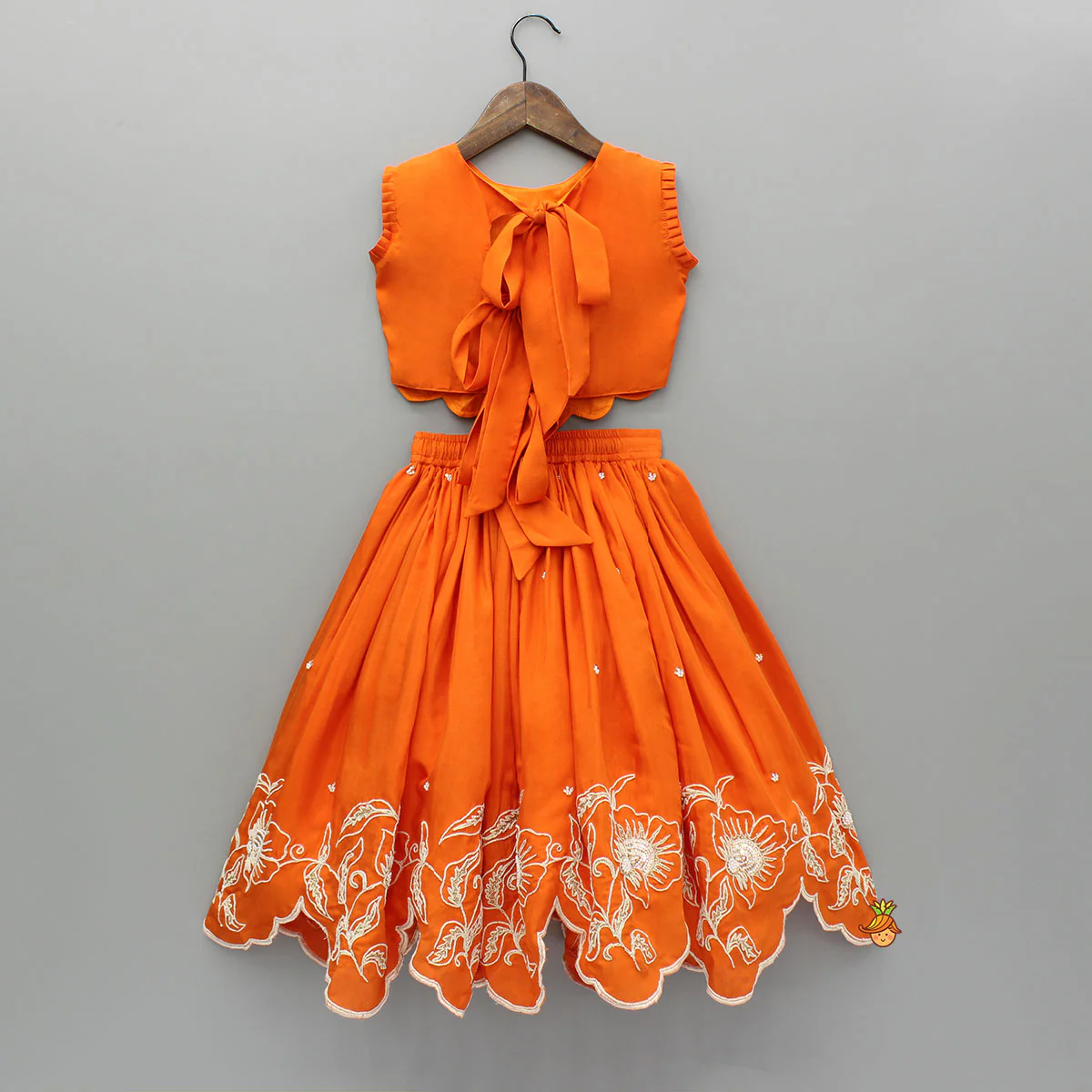 Orange Embroidered Dual Back Knot Detailed Top And Lehenga With Scalloped Hem Detailing - Image 2