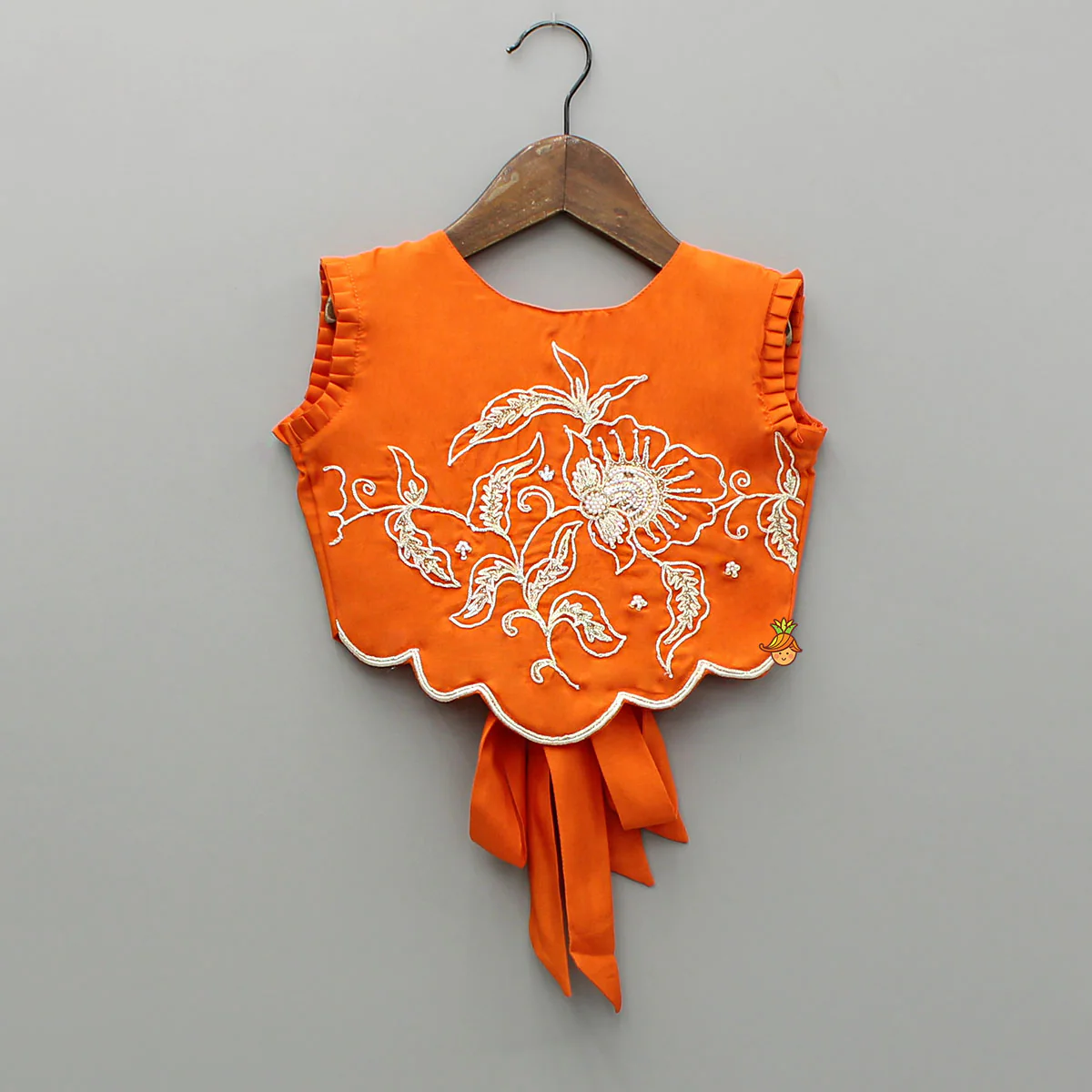 Orange Embroidered Dual Back Knot Detailed Top And Lehenga With Scalloped Hem Detailing - Image 3