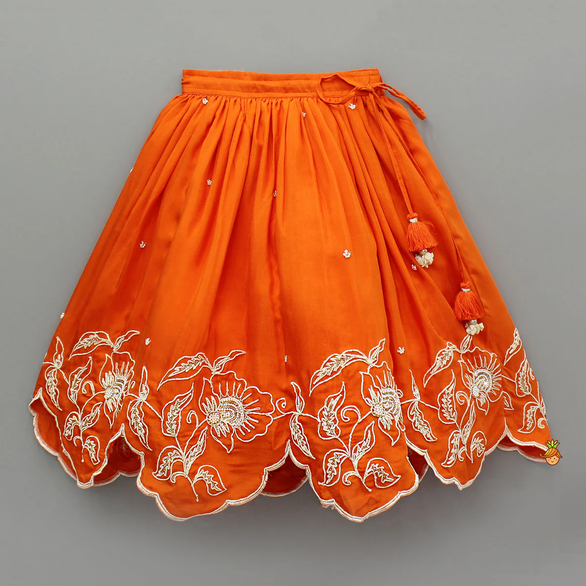 Orange Embroidered Dual Back Knot Detailed Top And Lehenga With Scalloped Hem Detailing - Image 4