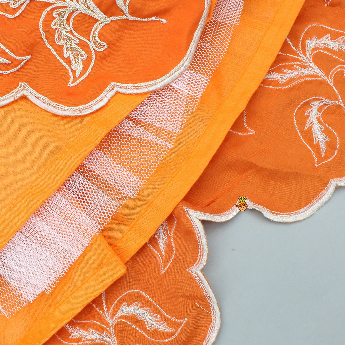 Orange Embroidered Dual Back Knot Detailed Top And Lehenga With Scalloped Hem Detailing - Image 6