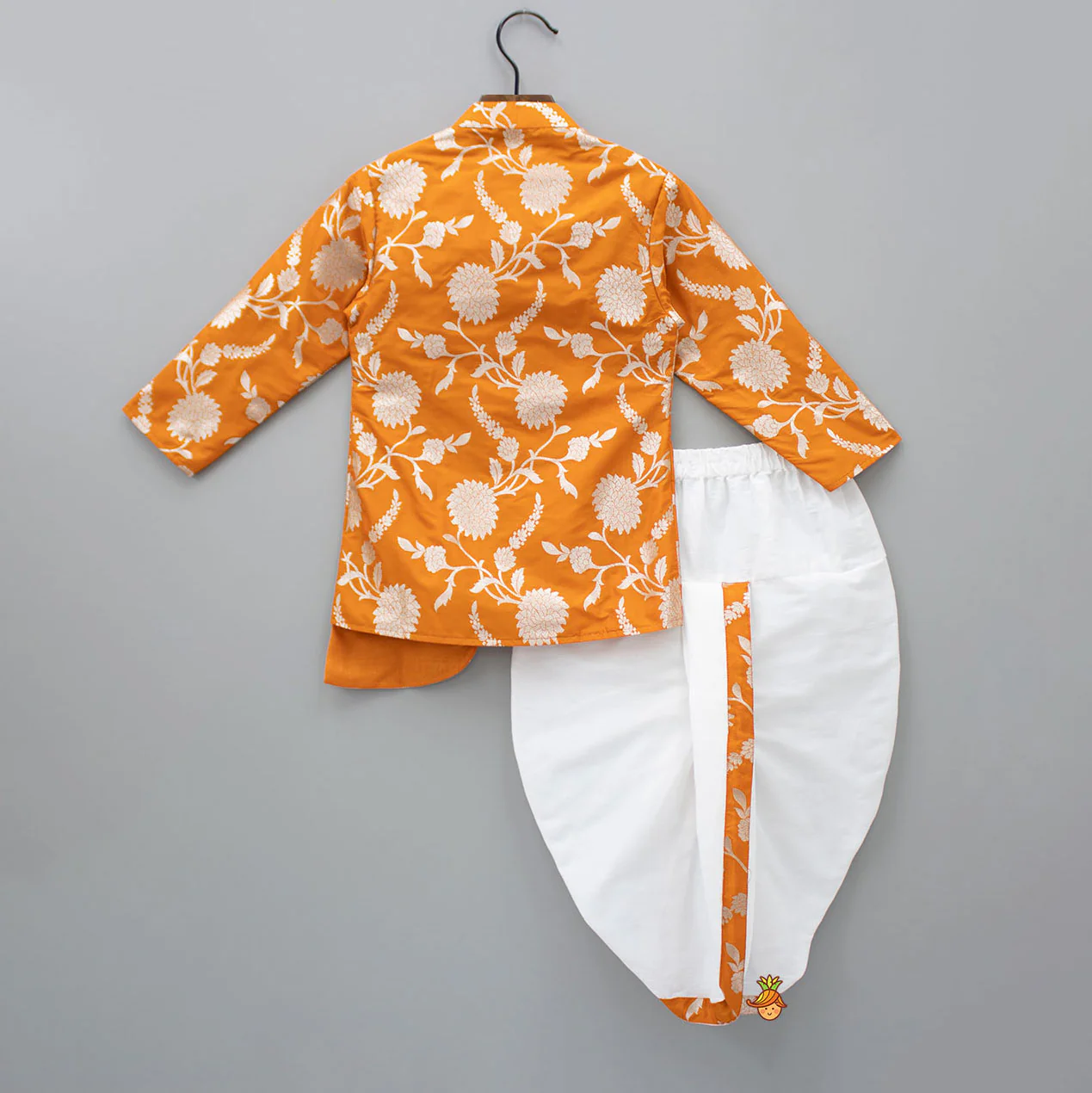Orange Floral Brocade Asymmetric Kurta With Dhoti - Image 2