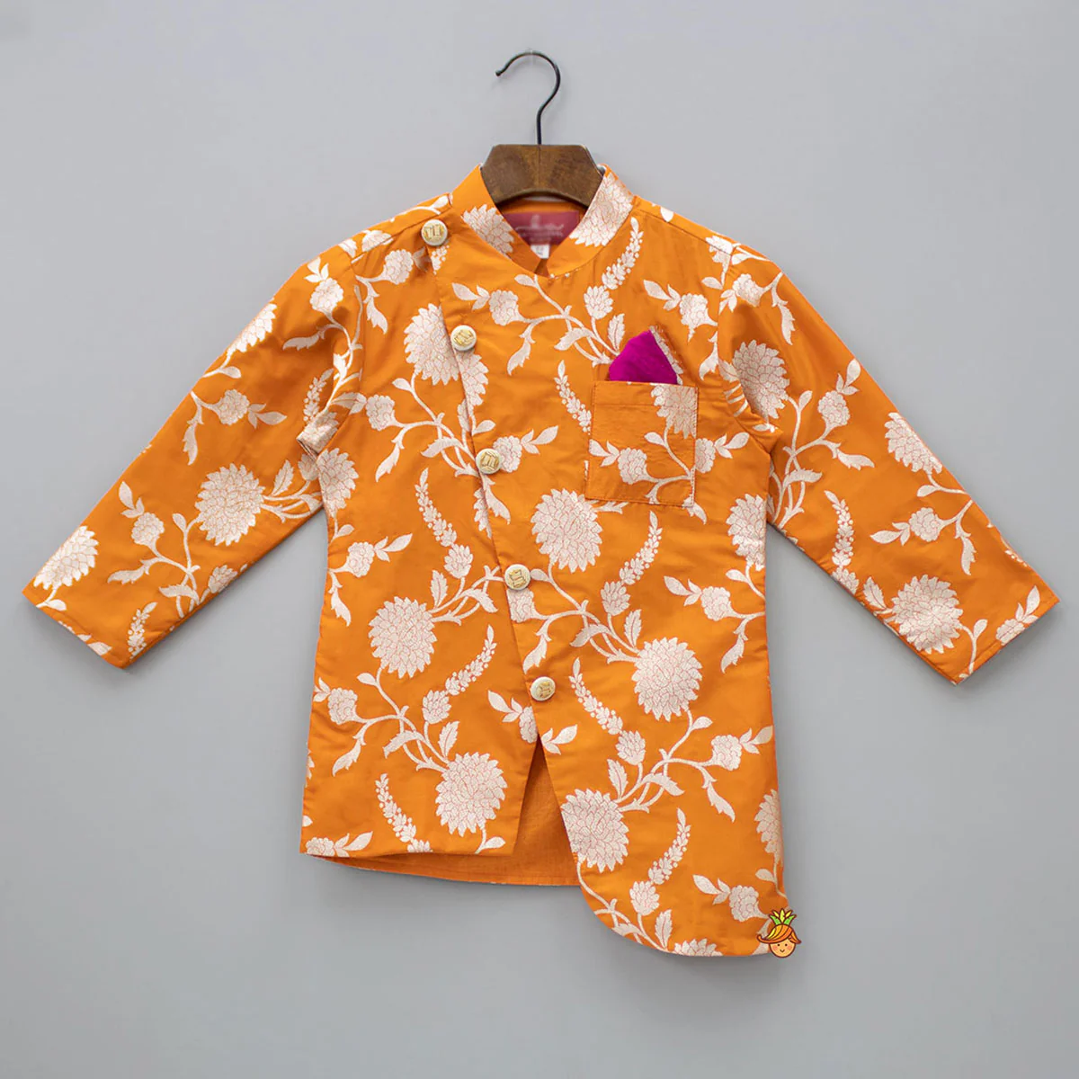 Orange Floral Brocade Asymmetric Kurta With Dhoti - Image 3