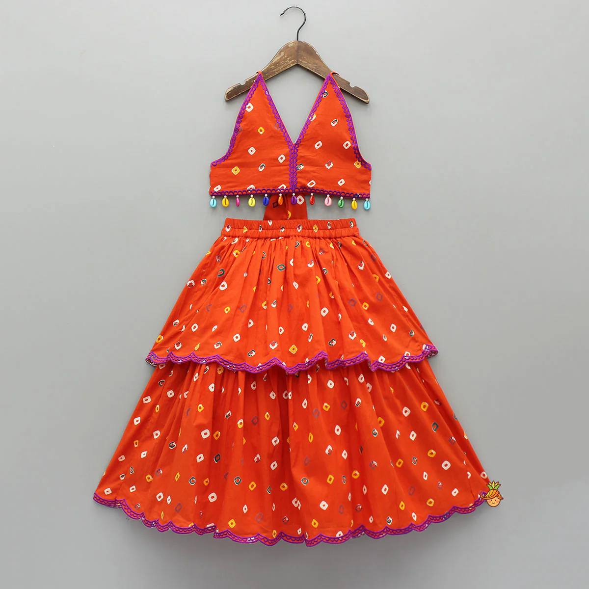 Orange Multicolour Printed Embroidered Tie Up Strappy Top and Layered Lehenga