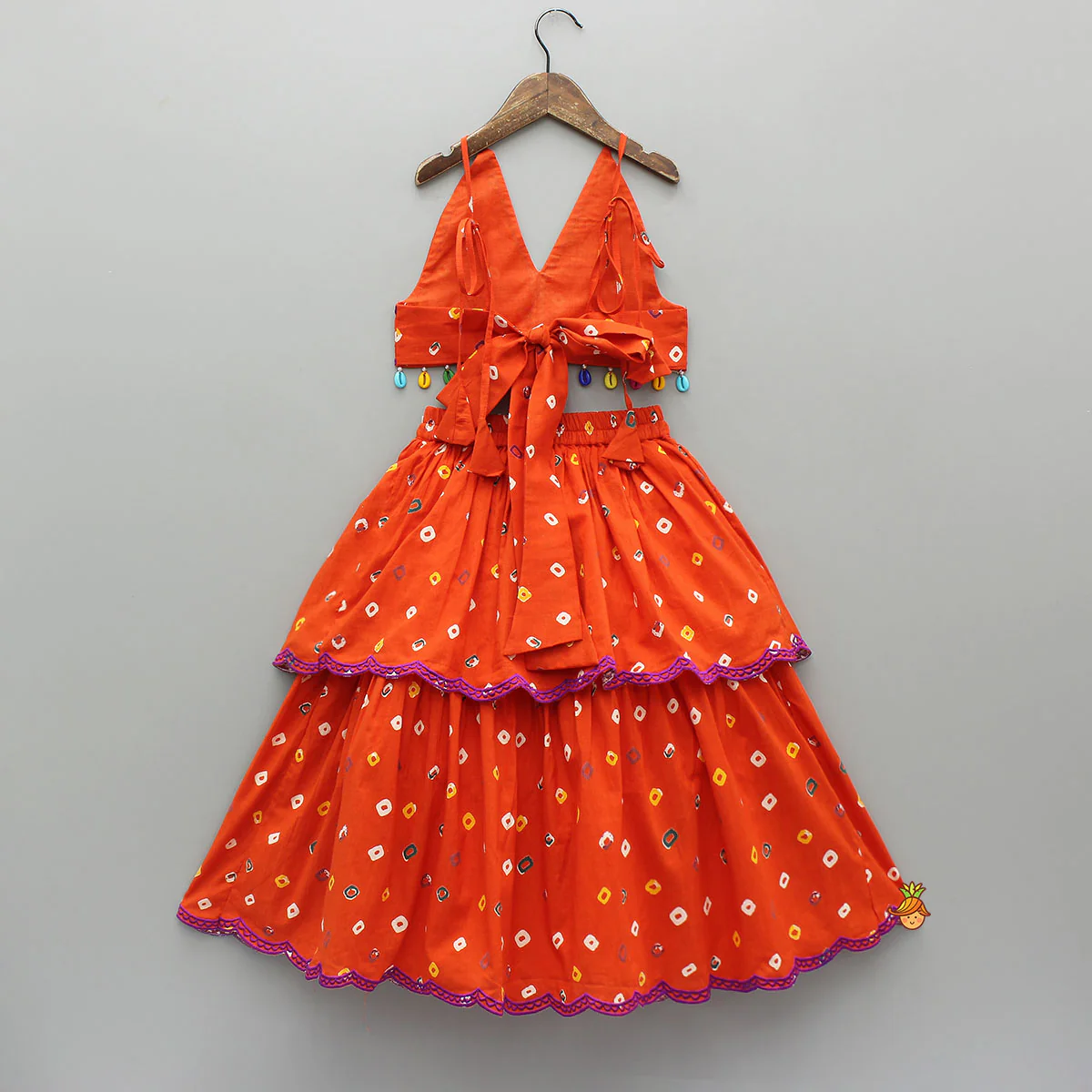 Orange Multicolour Printed Embroidered Tie Up Strappy Top and Layered Lehenga - Image 2