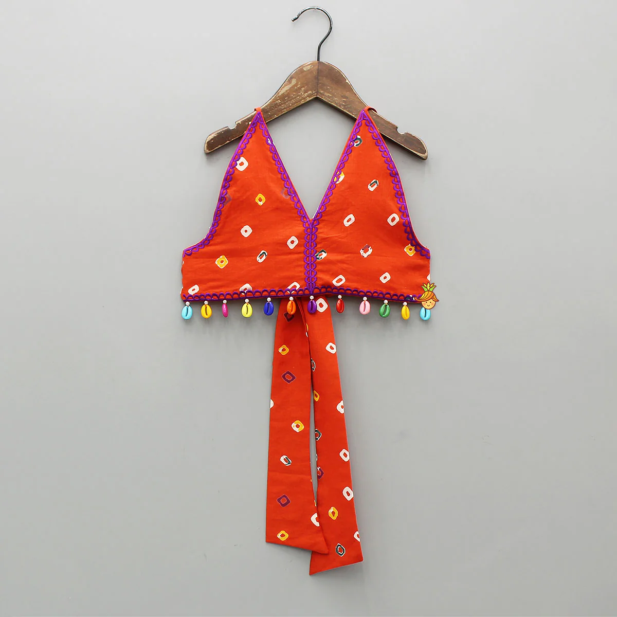 Orange Multicolour Printed Embroidered Tie Up Strappy Top and Layered Lehenga - Image 3
