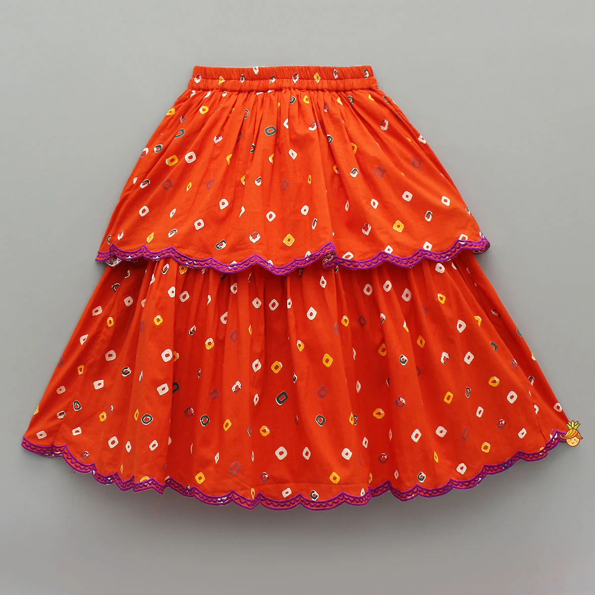 Orange Multicolour Printed Embroidered Tie Up Strappy Top and Layered Lehenga - Image 4