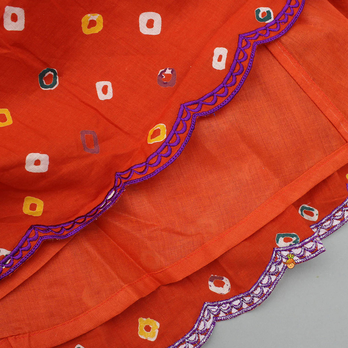 Orange Multicolour Printed Embroidered Tie Up Strappy Top and Layered Lehenga - Image 6