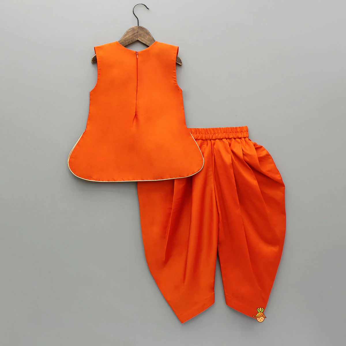 Orange Stylish Scalloped Kurti With Matching Dhoti And Choker Dupatta - Image 2