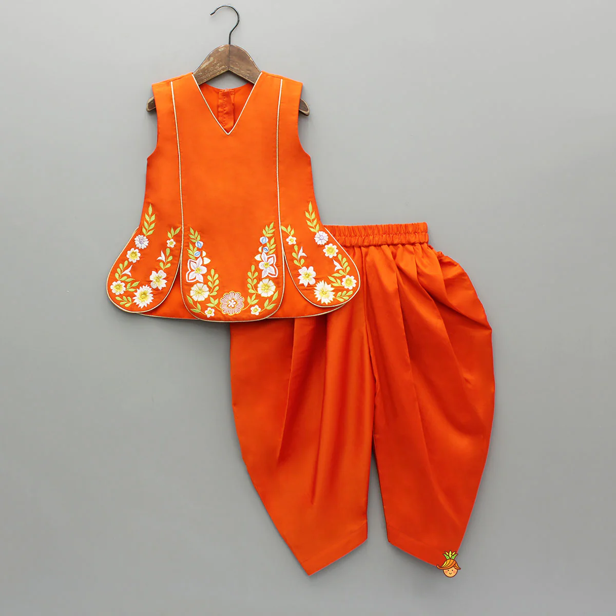Orange Stylish Scalloped Kurti With Matching Dhoti And Choker Dupatta - Image 3