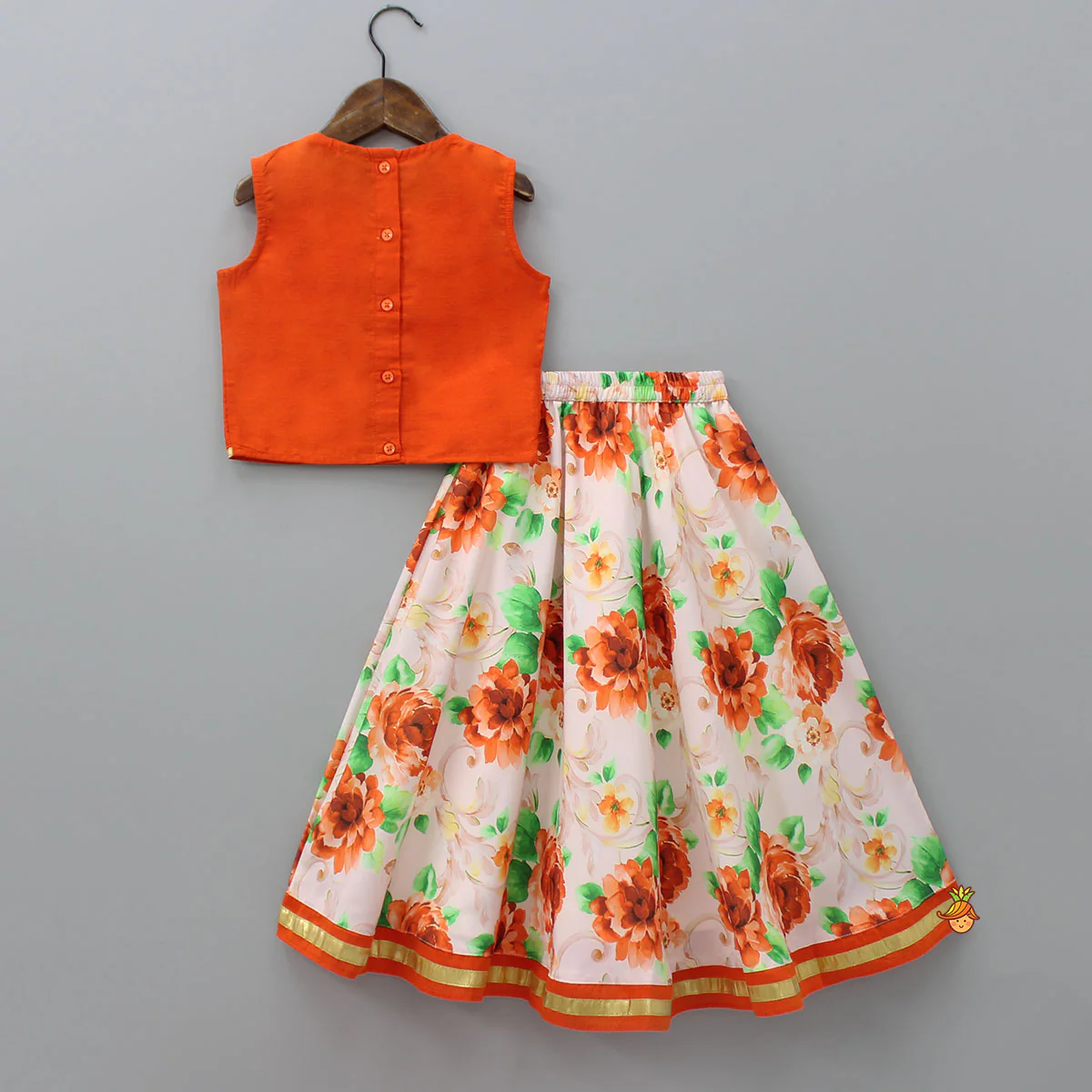 Orange Top And Floral Printed Lehenga With Net Dupatta - Image 2