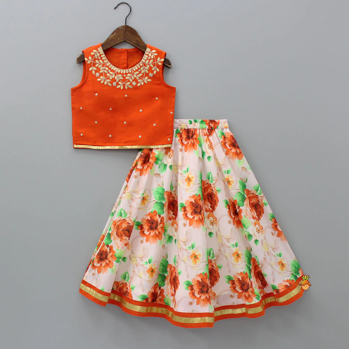Orange Top And Floral Printed Lehenga With Net Dupatta - Image 3