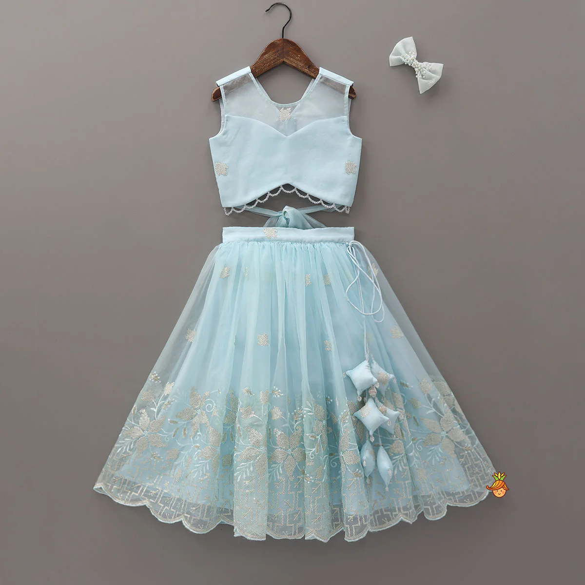 Organza Crop Top And Lehenga With Bow Hair Clip