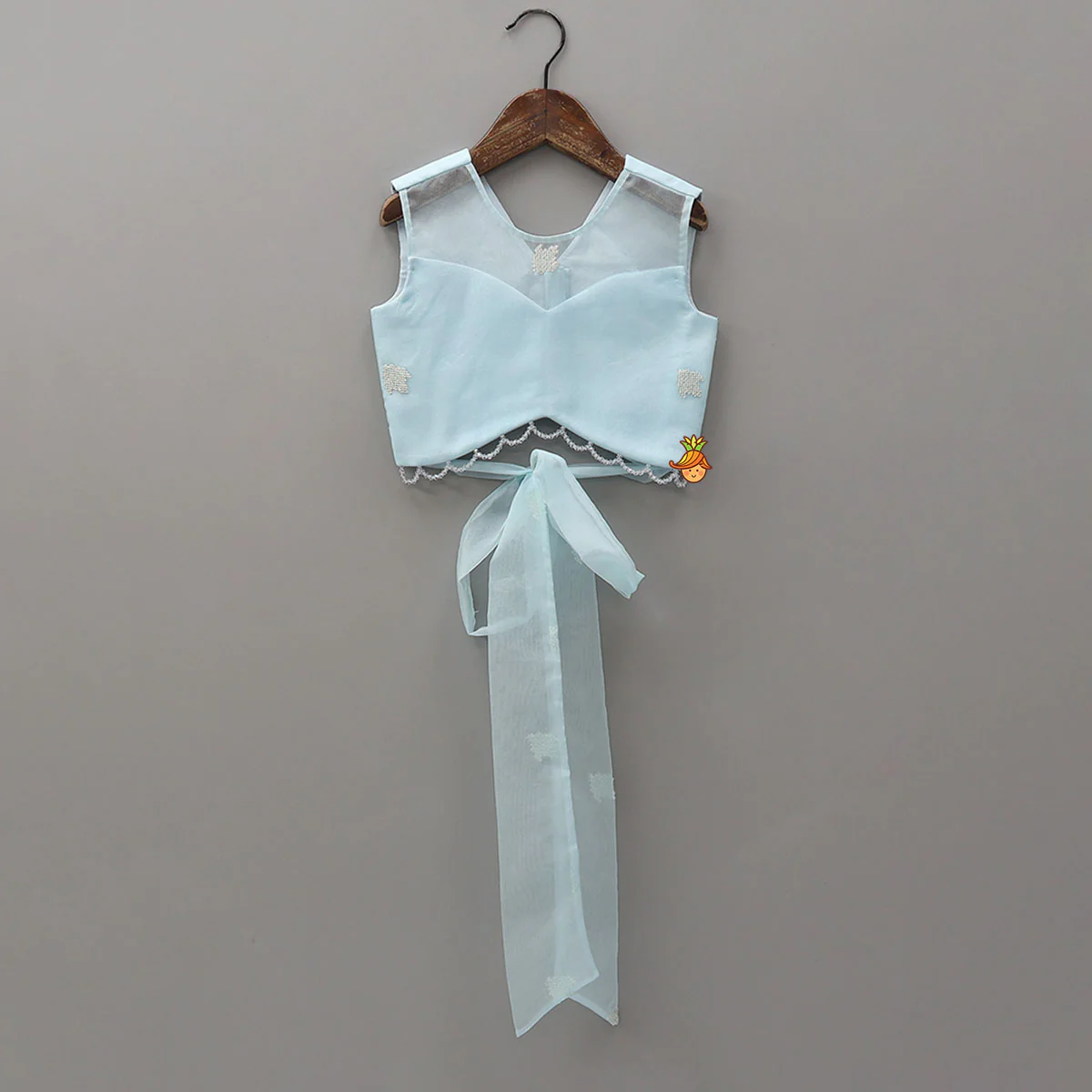 Organza Crop Top And Lehenga With Bow Hair Clip - Image 4