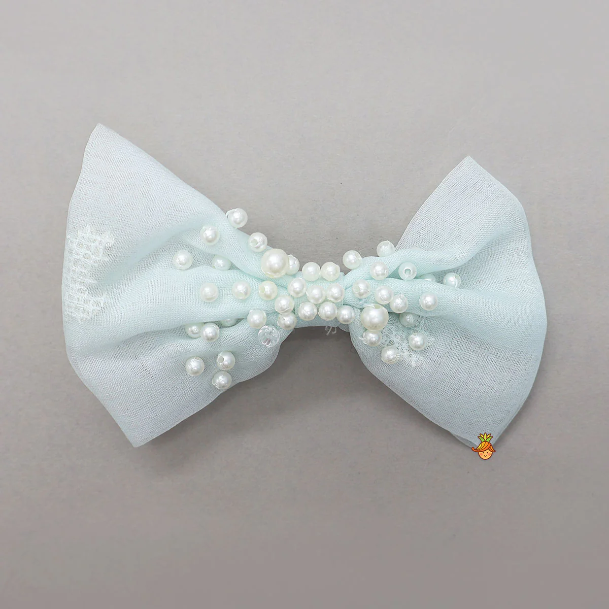 Organza Crop Top And Lehenga With Bow Hair Clip - Image 8