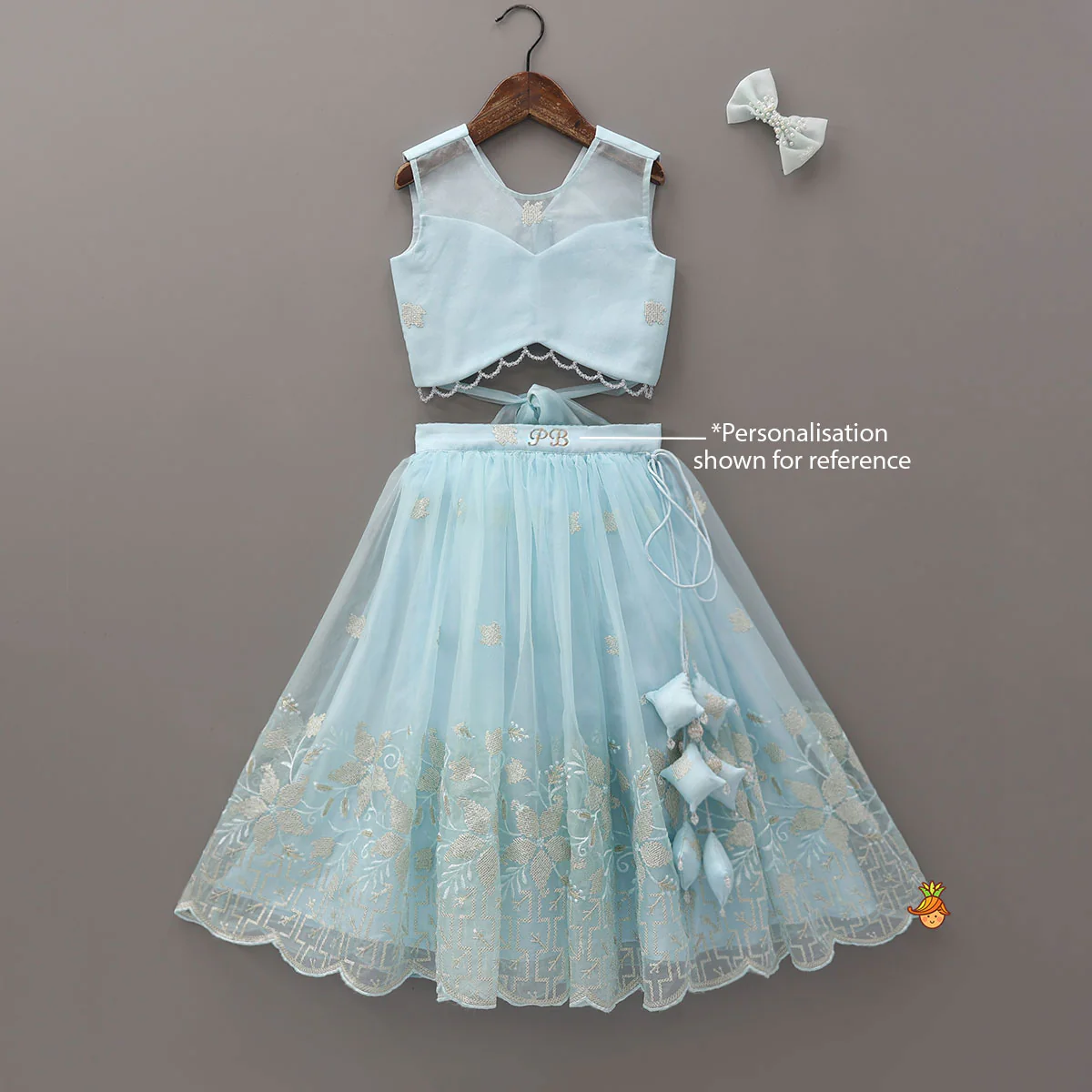 Organza Crop Top And Lehenga With Bow Hair Clip - Image 9