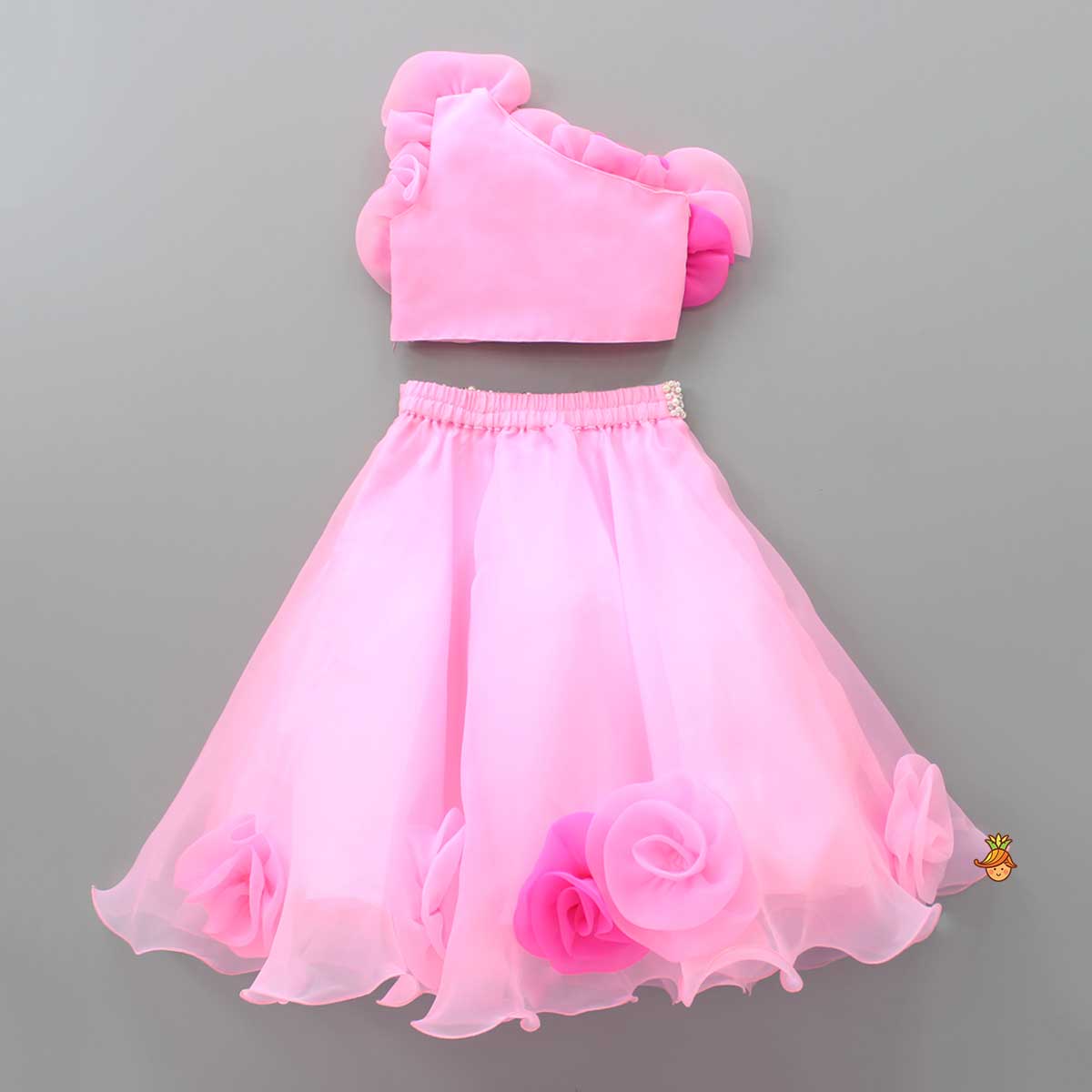 Organza One Shoulder Pink Top And Flower Adorned Flared Lehenga - Image 2