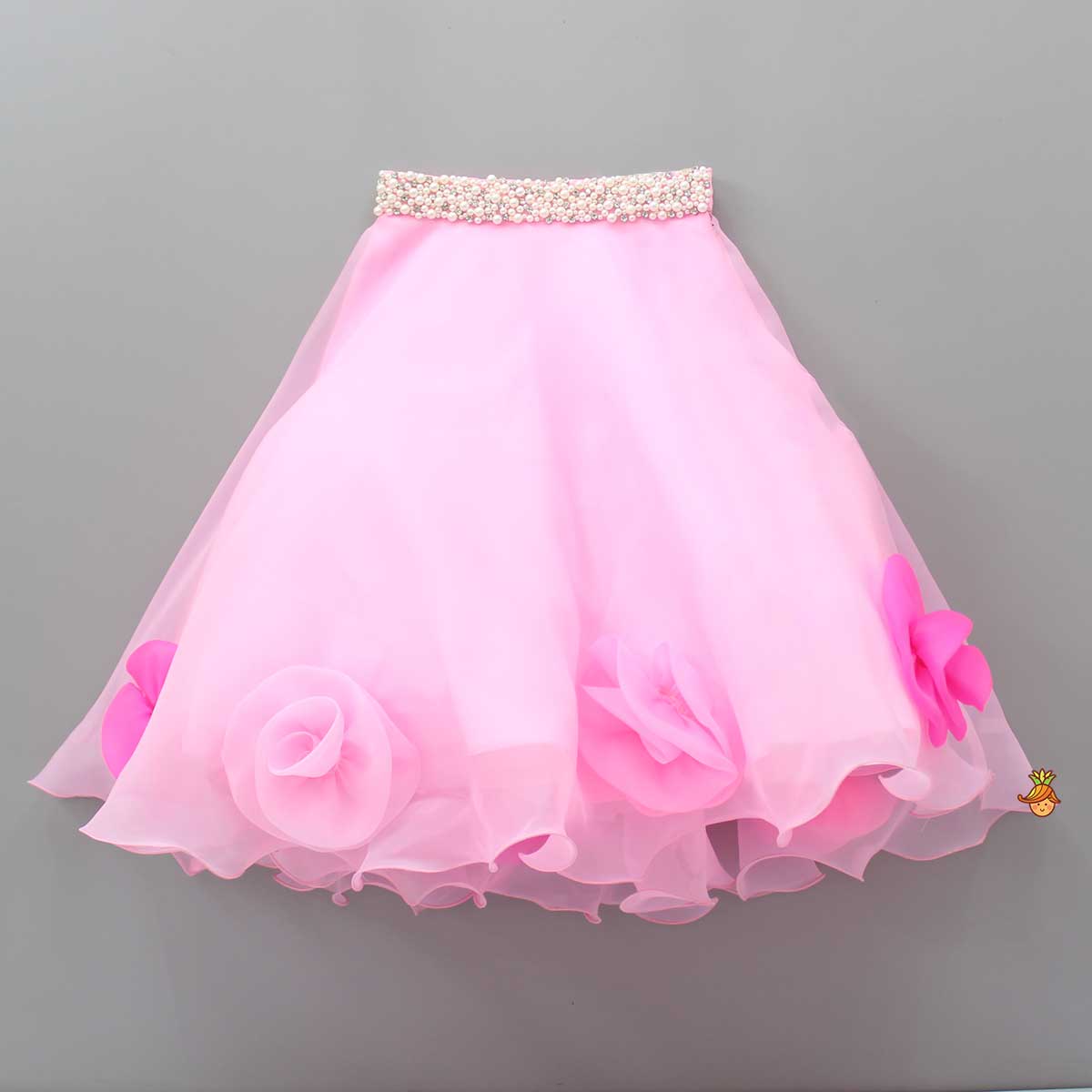 Organza One Shoulder Pink Top And Flower Adorned Flared Lehenga - Image 4
