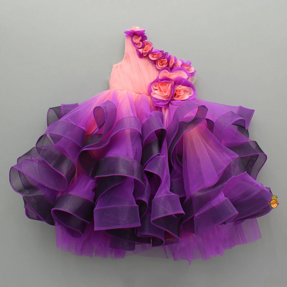 Peach And Purple Ombre Ruffled One Shoulder Gown