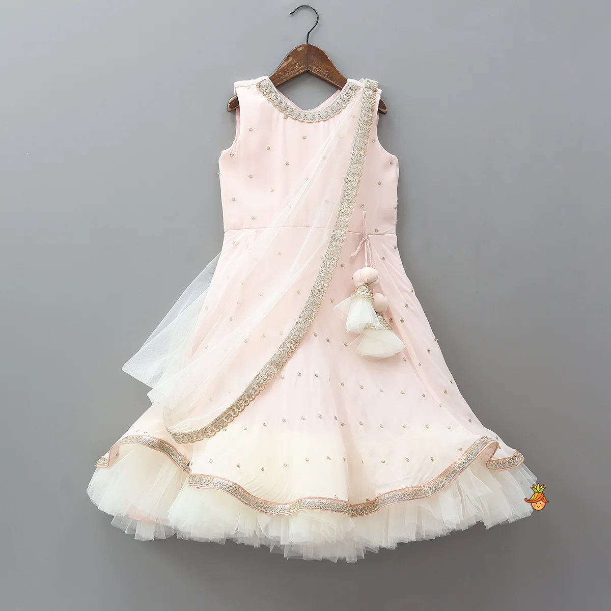 Peach Embroidered Gown With Draped Dupatta