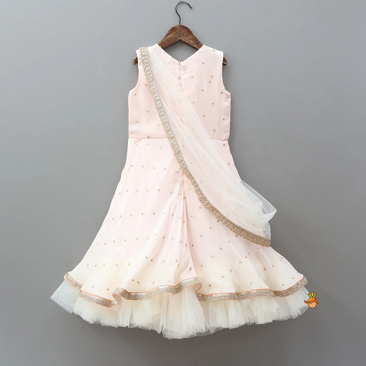 Peach Embroidered Gown With Draped Dupatta - Image 2