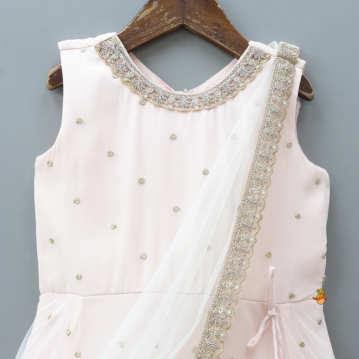 Peach Embroidered Gown With Draped Dupatta - Image 3