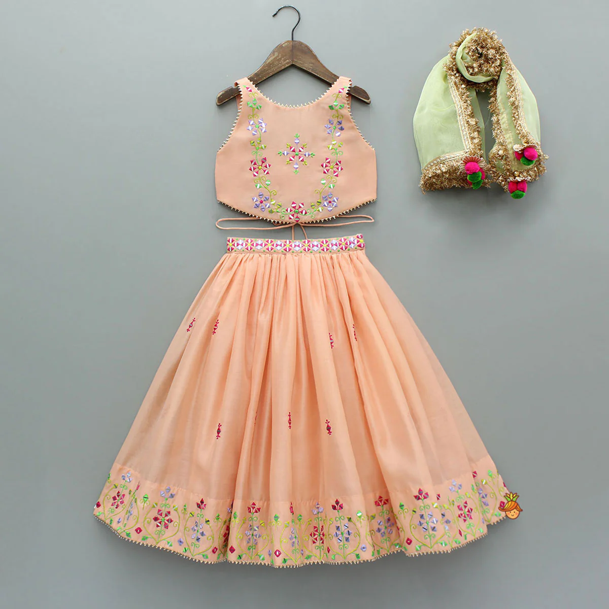 Peach Faux Mirror Embroidered Top With Matching Embroidered Lehenga And Dupatta